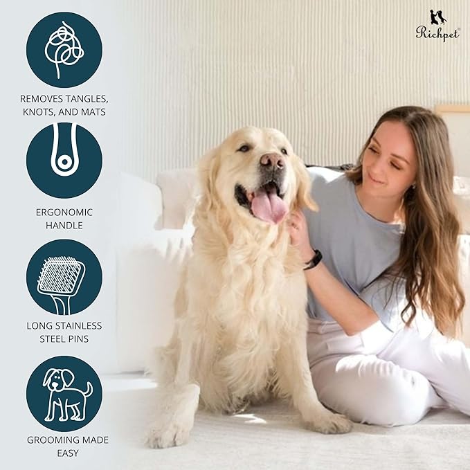 Pet Slicker Brush (Small Size, Black) for Grooming Pet Hair with Fluff Detangle Style β Dog Brush for Long & Short Haired Dogs for Goldendoodles β Curved Pin for β Removes Tangles & Loose Fur