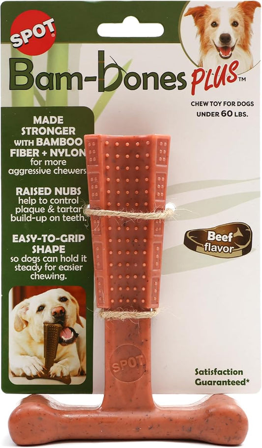 SPOT Bam-bones PLUS T Bone - Bamboo Fiber & Nylon, Durable Long Lasting Dog Chew for Aggressive Chewers – Great Toy for Adult Dogs & Teething Puppies under 60lbs, Non-Splintering, 6in, Beef Flavor