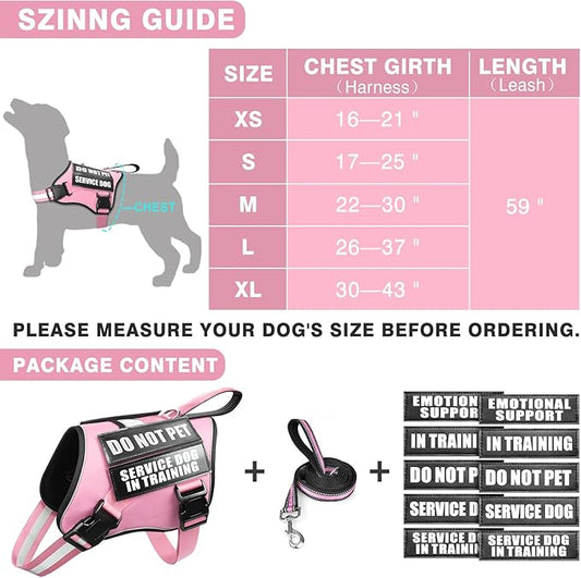Service Dog Vest Harness and Leash Set+10 Patches,No Pull&Easy Walk Reflective Dog Harness with Soft Padded Handle for Training/Everyday,Fit Small/Medium/Large/Extra-Large Dogs (Pink L)