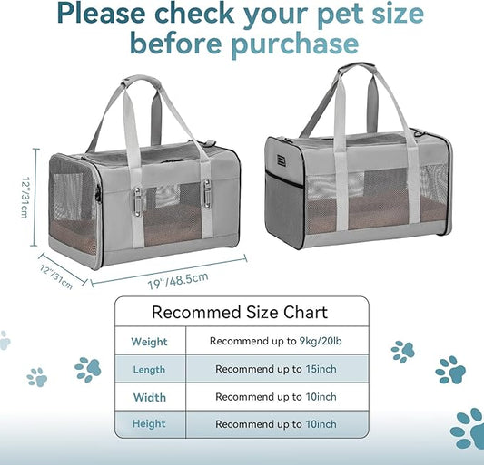 Petsfit Travel Pet Carrier for Large Cats (up to 20 lbs), Soft-Sided Dog Car Travel Carrier with Patented Buckle and Soft Padding, Ideal for Car Road Trips,19X12X12 Inch,Gray