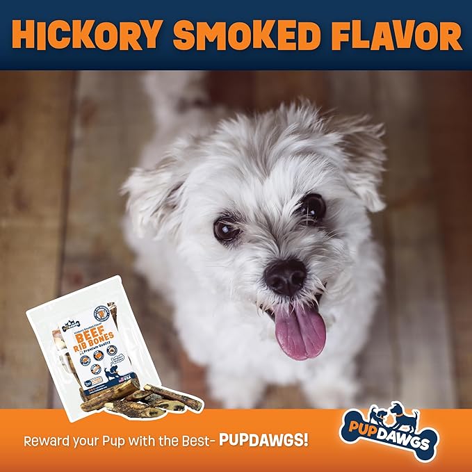 Single Ingredient Dog Bones - Made in USA - Small Beef Rib Bones - Natural Dog Bones for Aggressive Chewers - from USDA Inspected Beef - Hickory Smoked - Wrapped in Sets of 5 (40 Piece Pack)
