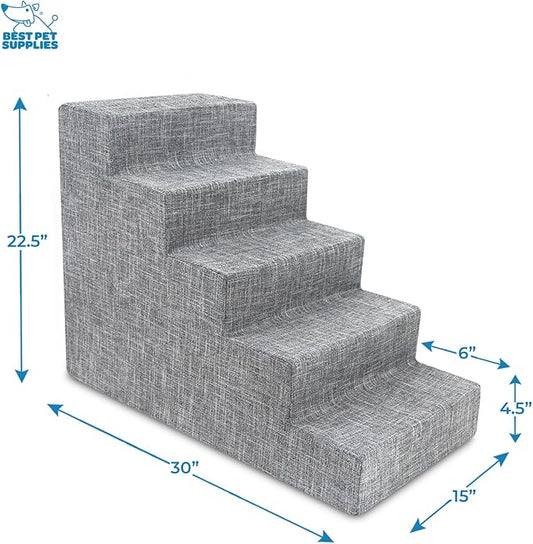 Best Pet Supplies Dog Stairs for Small Dogs & Cats, Foam Pet Steps Portable Ramp for Couch Sofa and High Bed Non-Slip Balanced Indoor Step Support, Paw Safe No Assembly - Ash Gray Linen, 5-Step
