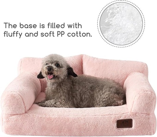 Hollypet Fluffy Plush Pet Cat Couch Soft Calming Pet Sofa Beds for Medium Small Cats and Dogs, Pink