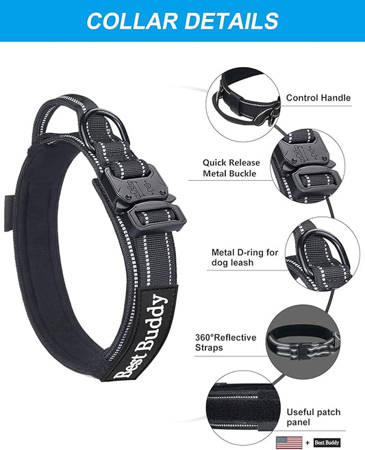 AUBELL Tactical Dog Collar and Leash Set, Adjustable Military Nylon Reflective Dog Leash and Collar with Handle and Heavy Metal Buckle for Medium Large Dogs, with Airtag Case and 2 Patches(Black, L)