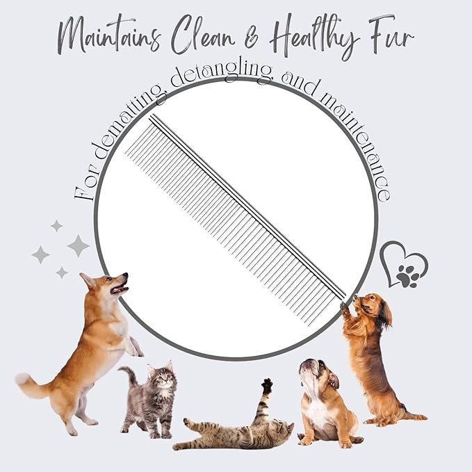 Flexzion Pet Grooming Comb Stainless Steel Cats Dogs Puppy Medium Animals Hair Trimmer Brush Accessory Tool with Smooth Teeth Needle Durable Lightweight