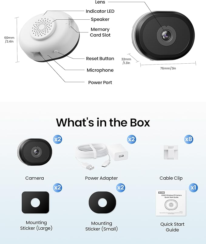 ZOSI 2 x C680 2K Window Security Camera with Full Color Night Vision, 3MP Indoor Plug-in WiFi Camera for Home Security, Human Vehicle Detection, 2.4/5GHz WiFi, 24/7 Recording, Easy Install