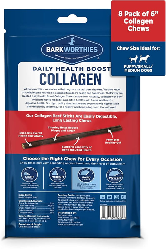 Barkworthies Plain Collagen Stick Dog Treats, 6-Inch, 8-Count