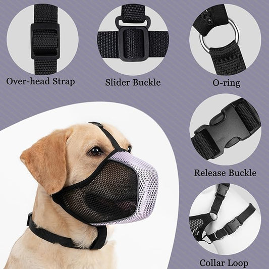 Mayerzon Dog Muzzle, Patented Mesh Soft Muzzle for Large Medium Small Dogs for Scavenging Grooming Biting Chewing, Breathable Reflective Doberman Husky Muzzle with Collar for Labrador Retriever Poodle