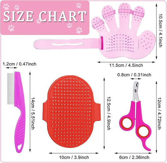 4 Pieces Bunny Grooming Kit with Rabbit Grooming Brush Pet Hair Remover Pet Nail Clipper Pet Comb Shampoo Bath Brush with Adjustable Ring Handle for Rabbit Hamster Bunny (Pink, Red)