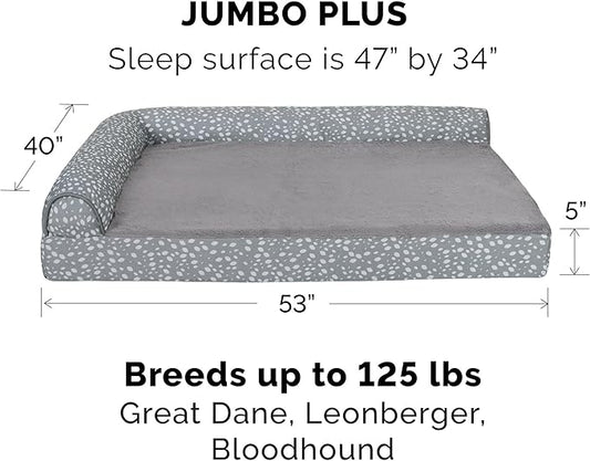 Furhaven Orthopedic Dog Bed for Large Dogs w/ Removable Bolsters & Washable Cover, For Dogs Up to 125 lbs - Plush & Almond Print L Shaped Chaise - Gray Almonds, Jumbo Plus/XXL