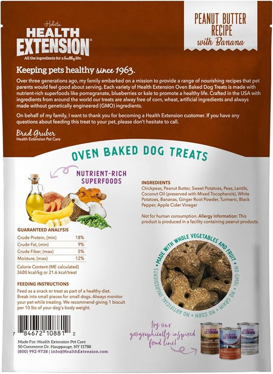 Health Extension Oven-Baked Dog Treats, 6oz (170g), Peanut Butter & Banana Recipe – Gluten & Grain-Free, Superfood-Infused, Crunchy Biscuits for Puppy Training