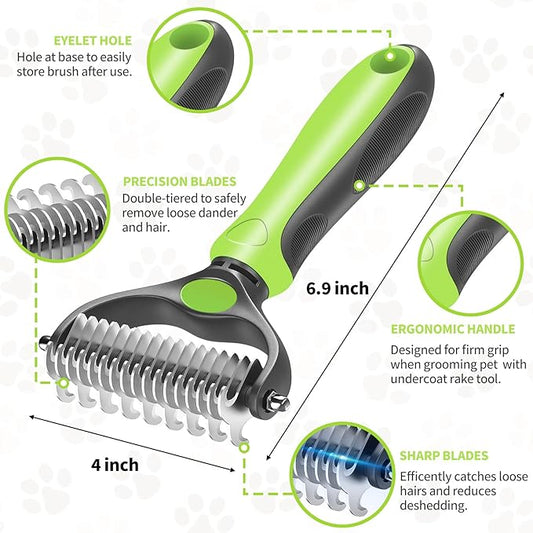 Undercoat Rake for Deshedding and Dematting Dogs - Metal Comb and Brush for Pet Grooming Supplies (Green)