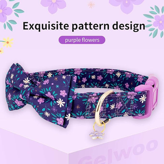 Fashionable Dog Collar with Bow Tie for Small Medium Large Dogs,Cute and Soft Puppy Collar for Male Female Dogs,Durable Cotton Dog Collar with Adjustable Buckle Butterfly Pattern (L, Purple Flower)