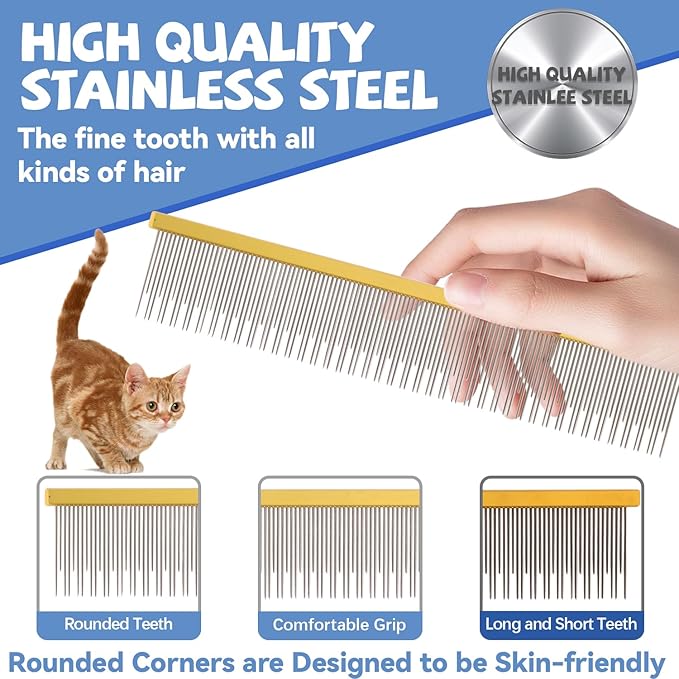 8.5 Inch Dual Tooth Pet Comb for Mats and Tangles,Professional Grooming Flea Comb Removing Excess Hair for Long-Haired Cats and Dog Kit,Prevent Undercoat, Excess Hair,Mats and Tangles,Pet Essential