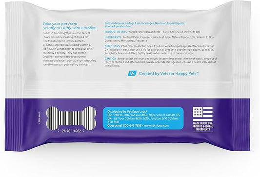 Vetnique Furbliss Hygienic Pet Wipes for Dogs & Cats, Cleansing Grooming & Deodorizing Hypoallergenic Thick Wipes with All Natural Deoplex Deodorizer (Refreshing Scent, 100ct Pouch)