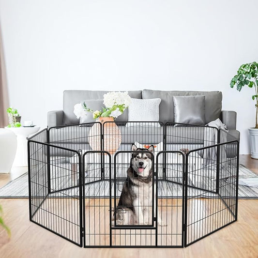 FDW Dog Playpen Dog Pen Dog Kennel 8 Panels 32 Inch Hight Indoor Outdoor Folding Metal Portable Puppy Exercise Pen Heavy Duty Dog Fence for Yard Camping,Black