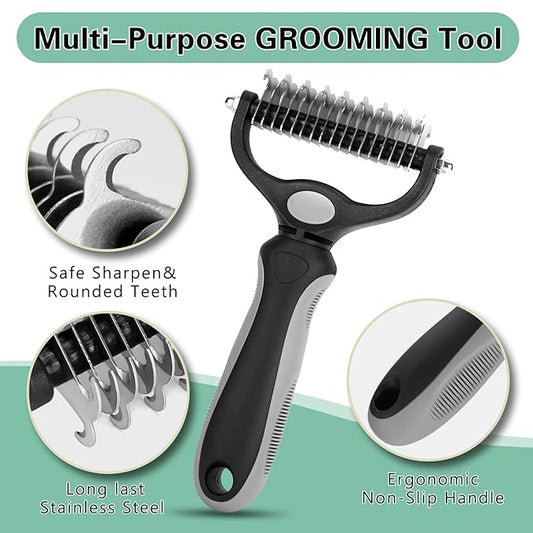 Deshedding Brush - Double-Sided Undercoat Rake for Dogs & Cats - Shedding Comb and Dematting Tool for Grooming, Extra Wide