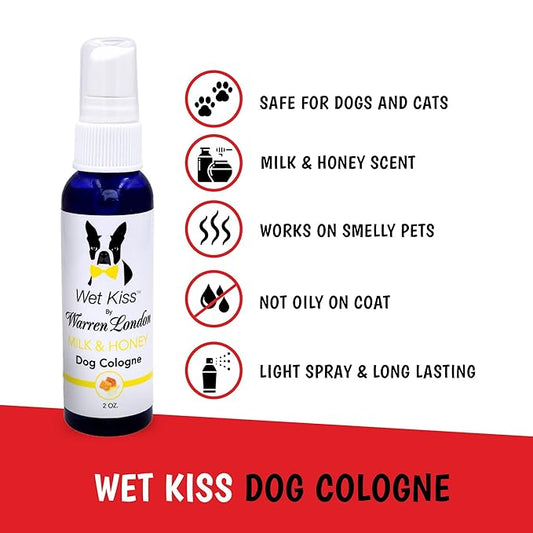 Warren London - Wet Kiss Dog Cologne, Long Lasting Dog Spray, Dog Deodorant to Remove Odor from Stinky Dogs, Milk & Honey, 2 Ounce Bottle