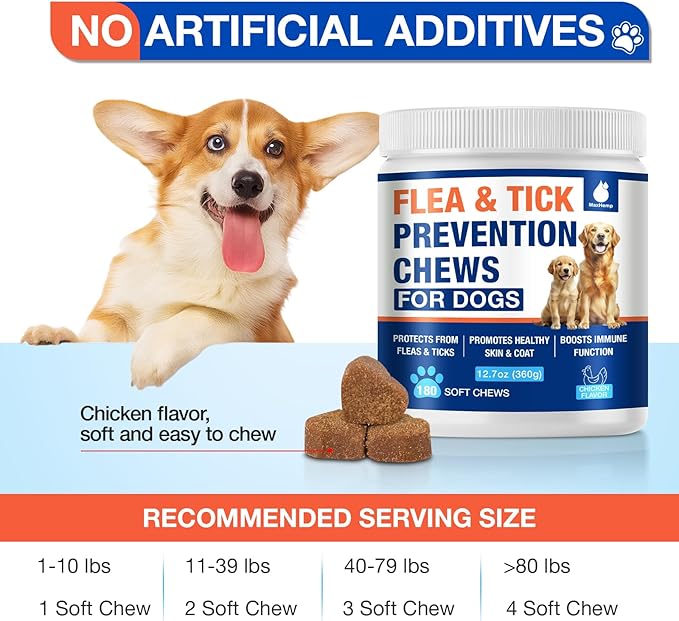 Flea and Tick Prevention for Dogs Chewables, Natural Dog Flea and Tick Treatment, Oral Flea Pills for Dogs Puppy, Skin & Coat Support Supplement - 180 Soft Treat (Chicken Flavor)