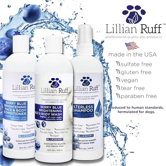 Lillian Ruff Berry Blue Brightening Face and Body Wash for Dogs - Blueberry Shampoo - Remove Tear Stains, Hydrate Dry Itchy Skin, Add Shine & Luster to Coats (Berry Blue Brilliance Bundle)