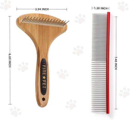 Dog Rake for Undercoat & Stainless Steel Shedding Comb for Long Hair Dogs and Cats 2 Pack Pet Grooming Kit of Deshedding Brush and Metal Comb for Detangling Matted Fur on Cats or Dogs