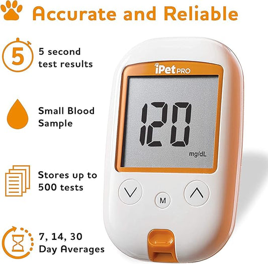 iPet PRO Blood Glucose Monitoring System Designed for Dogs & Cats| Includes Meter, 2 AA Batteries, User Guide, Log Book, 25 Test Strips, Control Solution, Lancing Device, 30 28G Lancets, Carrying Case