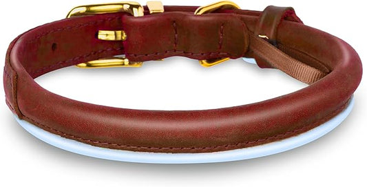 OOPSDOGGY Reflective Rolled Leather Dog Collar for Large Dogs, Adjustable Soft Padded Pet Collar for Large Breed Dogs (L, 14"-18", Brown)