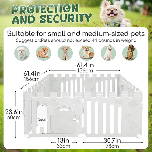 Dog Playpen with Door, 8-Panel 24" Indoor Cat Puppy Playpen, Strong Plastic Small Pet Safety Fence Dog Pen, Non-Slip and Secure Pet Gate, White