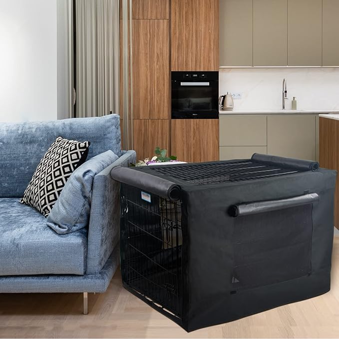 PETSFIT Dog Crate Cover,42 Inch Cover for Wire Dog Kennel, Single Door, Mesh Window, Flap On The Top and Back is Detachable,Black