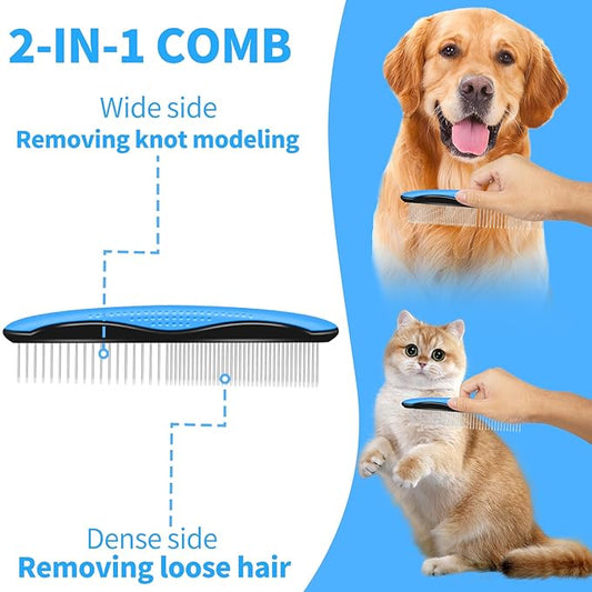 2 in 1 Pet Grooming Comb for Cats and Dogs – Stainless Steel Teeth and TPR Design for Detangling, Deshedding, and Dematting, Ideal for Long and Short Hair Pets