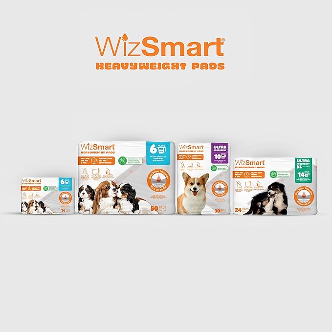 WizSmart Heavyweight Dog Pads – Absorbent, Leak-Proof Pet Training Pads with Stay Put Tabs – Indoor & Outdoor Use for Small Dogs, Crates, Travel – Eco Friendly Upcycled Materials, 50 Count