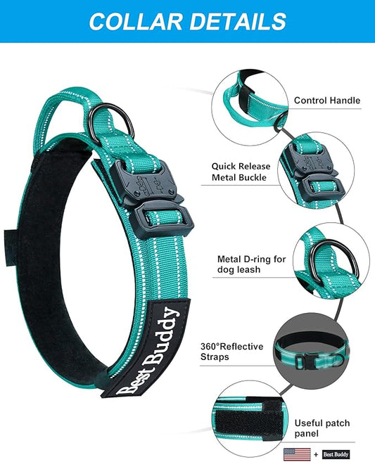 AUBELL Tactical Dog Collar and Leash Set, Adjustable Military Nylon Reflective Dog Leash and Collar with Handle and Heavy Metal Buckle for Medium Large Dogs, with Airtag Holder and 2 Patches (Teal,L)