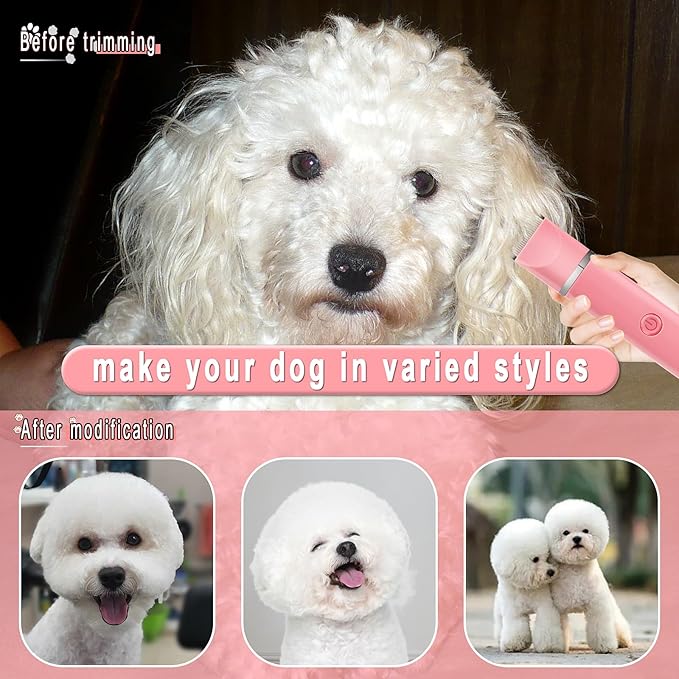 Dog Grooming Clippers Kit-Electric Rechargeable Cat Trimmer Tools-Cordless Quiet Pet Nail Paw Grinder-4 in 1 Multifunctional Low Noise Shaver-Razor for feet Face Ears Toenail Eye(Pink)