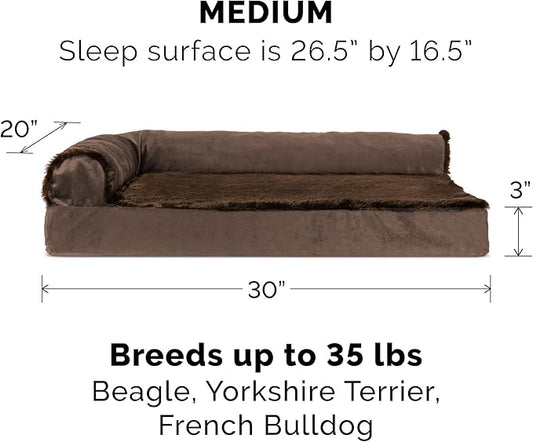 Furhaven Memory Foam Dog Bed for Medium/Small Dogs w/ Removable Bolsters & Washable Cover, For Dogs Up to 35 lbs - Plush & Velvet L Shaped Chaise - Sable Brown, Medium