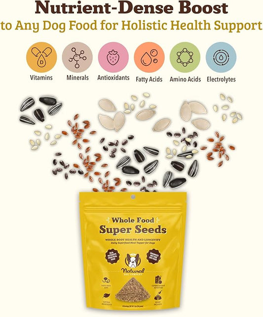 Natural Dog Company Super Seeds Dog Food Topper, Omega-Rich, Natural Dog Multivitamin, Superfood Dog Supplement, Dog Coat and Skin Health, Grain-Free Dog Supplement, Daily Dog Nutrition Boost, 8 Oz