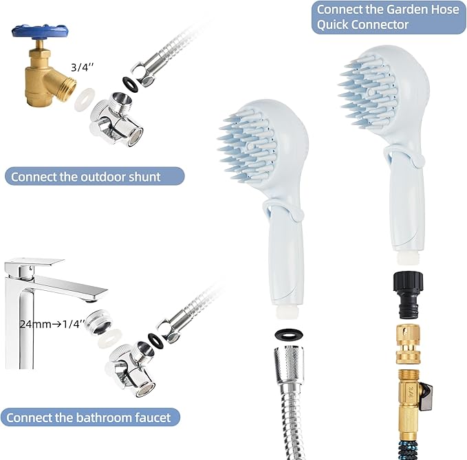 Dog Shower Head with Brush โ 3-in-1 Pet Grooming Tool with Shampoo Dispenser & Stainless Steel Hose โ Indoor/Outdoor Use โ Compatible with ยผโ Faucet & ยพโ Hose Adapter