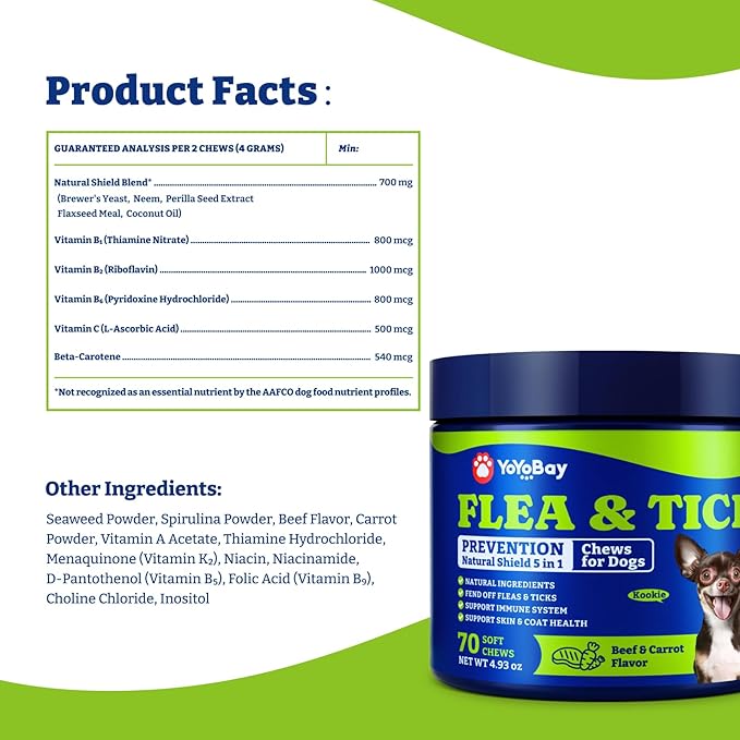 Flea & Tick Prevention for Dogs Chewables, Natural Dog Flea and Tick Control Treatment, Oral Flea Pills, Dogs Supplement, Natural Shield 5-in-1 Protection, Beef & Carrot Flavor, 70 Soft Chews