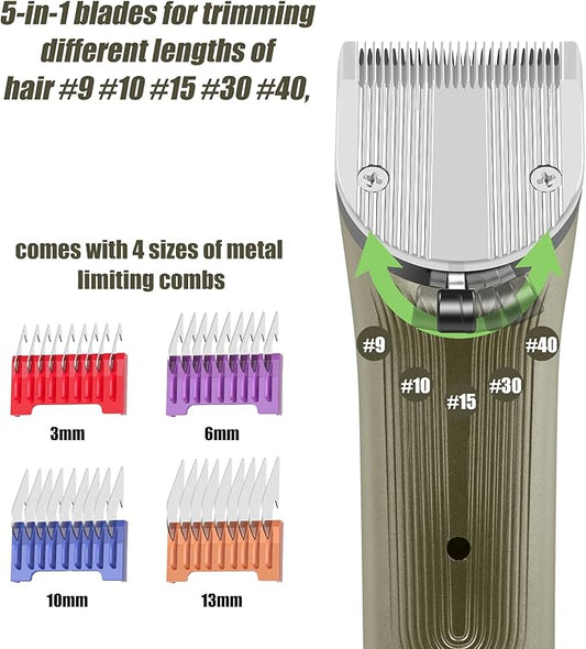 Professional Animal Pet Dog Cat and Horse Cordless Hair Clipper Grooming Kit with 5 in 1 Blade Low Noise & High Power Rechargeable Cordless Pet Grooming Clipper for for Thick Heavy Coats (Brown)