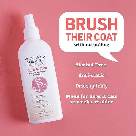 Veterinary Formula Smart Coat Complex Gloss & Glide Detangler, 8 Fl oz – Shine Builder, Conditioner Spray for Dogs – Quickly Detangles Matted Hair – with Silk Protein and Antioxidants