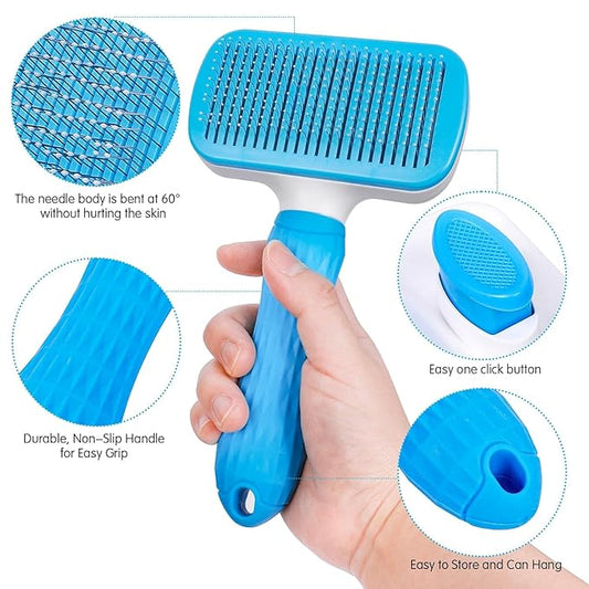 Pet Grooming Brush, Blue - Self Cleaning Hair Brush for Dogs and Cats, Removes Loose Undercoat, Bristles with Massage Particles, Ergonomic Handle, For Long or Short Hair Breeds