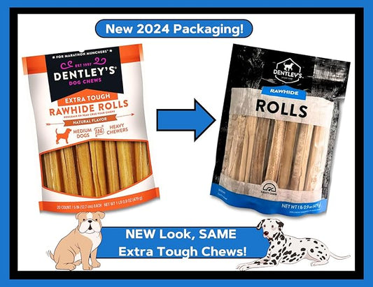 Dog Chews Bundles for Medium Dogs, Extra Tough 5 Inch Rawhide Rolls Bundle with 1 Dog Waste Roll, Natural Long-Lasting Dental Treats for Aggressive Chewers (Beefhide, 20 Count)