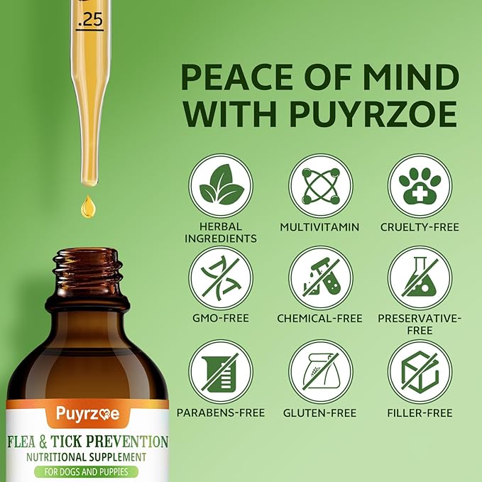 Natural Flea and Tick Prevention for Dogs, 60ML Herbal Formula with Multivitamins, Pumpkin Seed, Flea and Tick Treatment Supplement Drops for Dogs & Puppies - Supports Immunity, Skin & Coat Support
