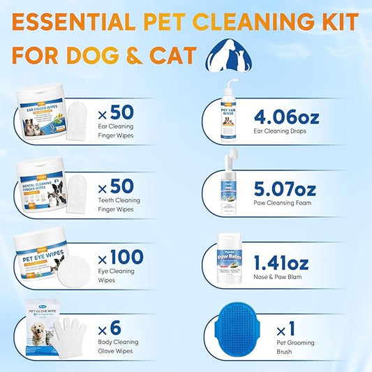 Dog Wipes Cleaning Deodorizing, Dog Grooming Wipes & Dog Paw Cleaner, Pet Cleaning Kit for Teeth, Ears, Eyes, Paw, Body, Dog Ear Rinse, Essential Dog Supplies Set