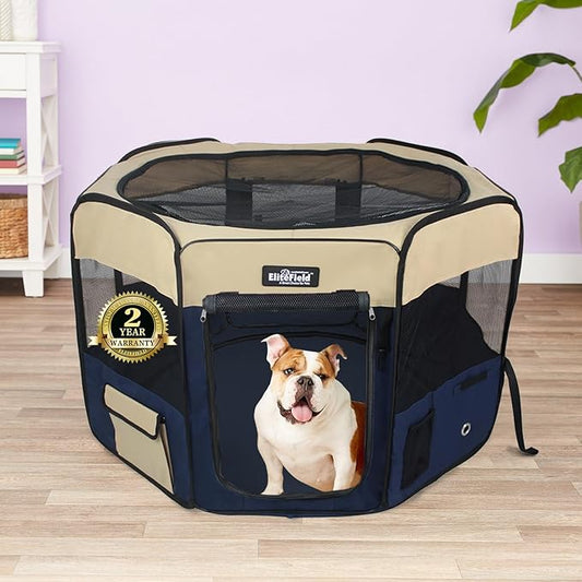 EliteField 2-Door Soft Pet Playpen (2 Year Warranty), Exercise Pen, Multiple Sizes and Colors Available for Dogs, Cats and Other Pets (52" x 52" x 32"H, Beige+Navy Blue)