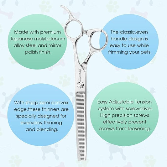 Dog Cat Scissors for Grooming, Pet Shears for Thick Coats and Matted Hair, Thinner Curved Straight Chunker Stainless Steel Shears (7.0" Thinner Silver)