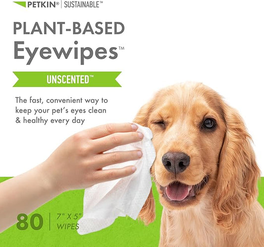 Petkin Plant-Based Eyewipes, 80 Wipes - Biobased & Sustainable Pet Eye Wipes for Dogs & Cats - Cleans Eye Area, Dirt & Tear Stains - Consciously Cleans & Conditions - Easy to Use - Unscented