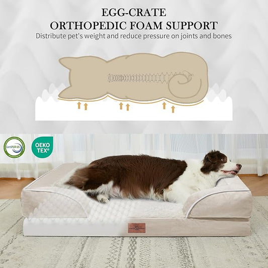 XL Dog Beds for Extra Large Dogs, Waterproof Orthopedic Dog Bed with Bolster, Washable Dog Bed Sofa with Removable Cover & Non-Slip Bottom(X-Large,Beige)