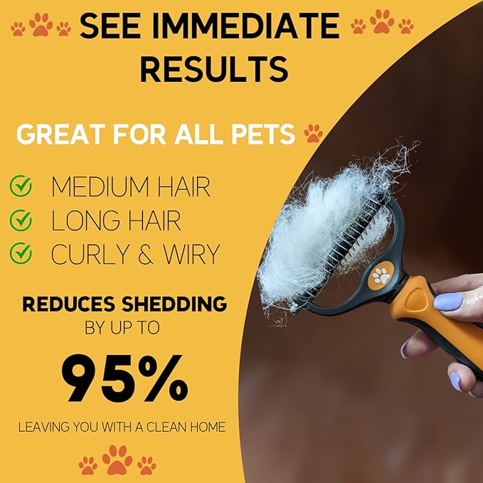 Pret & Lively 2 in 1 Pet Hair Dematting Tool Tough Mats and Tangles Undercoat Rake Comb Dogs Cats Rabbits Hairy Pets Holiday Gift Professional Grooming Brush For Deshedding Extra Wide (Orange)
