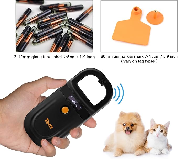 Tera Pet Microchip Reader with D-Ring RFID Portable Animal Chip ID Scanner with OLED Display Screen Rechargeable Data Storage Tag Scanner EMID FDX-B(ISO11784/85) for Dogs, Cats & Animal Management