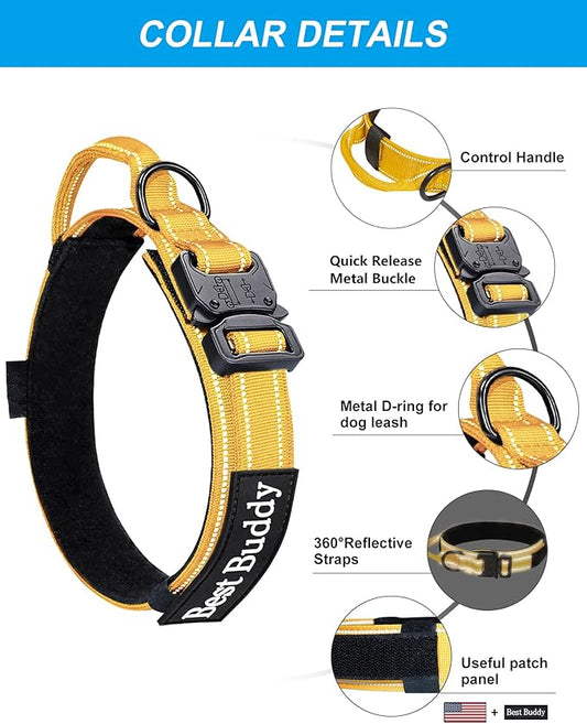 AUBELL Tactical Dog Collar and Leash Set, Adjustable Military Nylon Reflective Dog Leash and Collar with Handle and Heavy Metal Buckle for Medium Large Dogs, with Airtag Case and 2 Patches(Yellow, L)